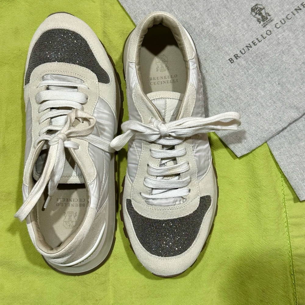 Brunello Cucinelli white women’s sneakers with silver glitter tip